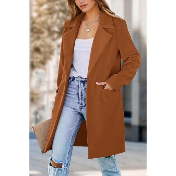 Women's Brown Fall Long Sleeve Lapel Pockets Loose Fit Casual Blazers Outerwear - Picture 7 of 9
